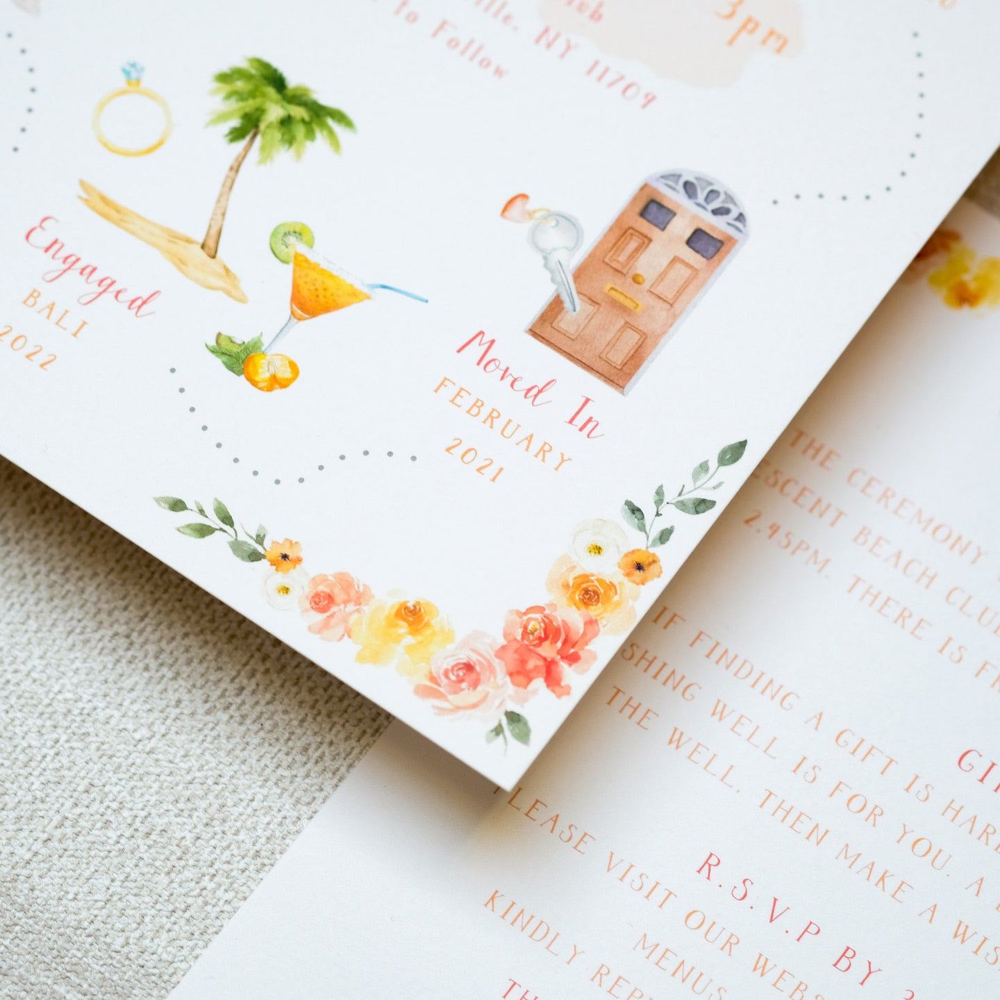 Unique bespoke wedding invitation with illustration of your relationship, how you met where you got engaged, hand painted